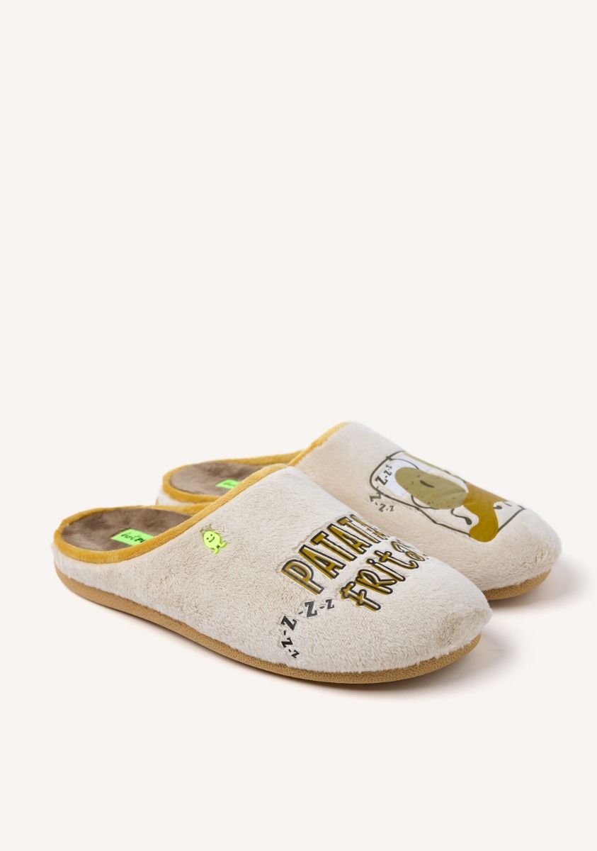 ZAPATILLAS DE CASA PELO DIBUJO Y FRASE NEWAYGO - BEIG