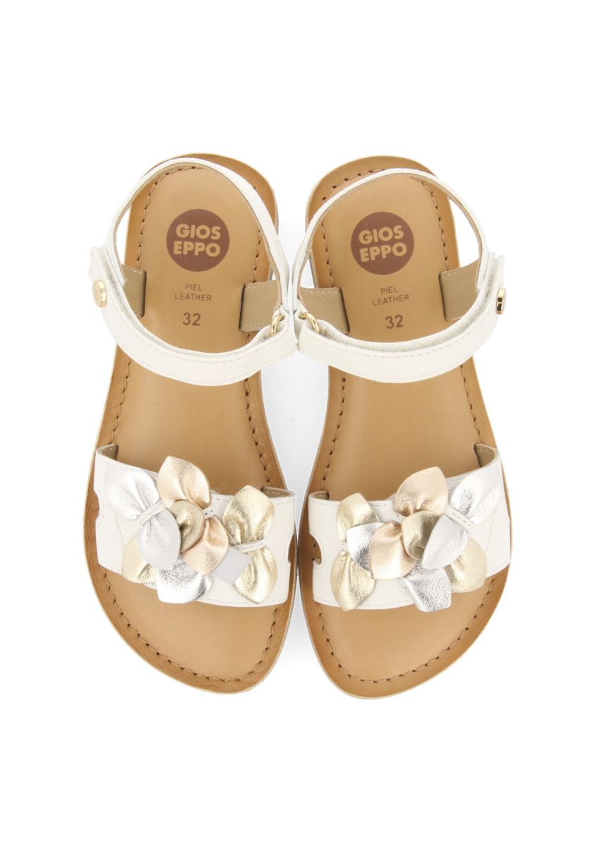 SANDALIAS DE PIEL BLANCAS CON ADORNOS DE FLORES PARA NIÃA PUGMIL - BLANCO