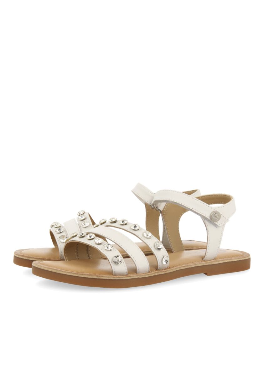 SANDALIAS BLANCAS DE PIEL CON TIRAS Y ADORNOS DE MAXI CRISTALES PARA NIÃA DINGLI - BLANCO