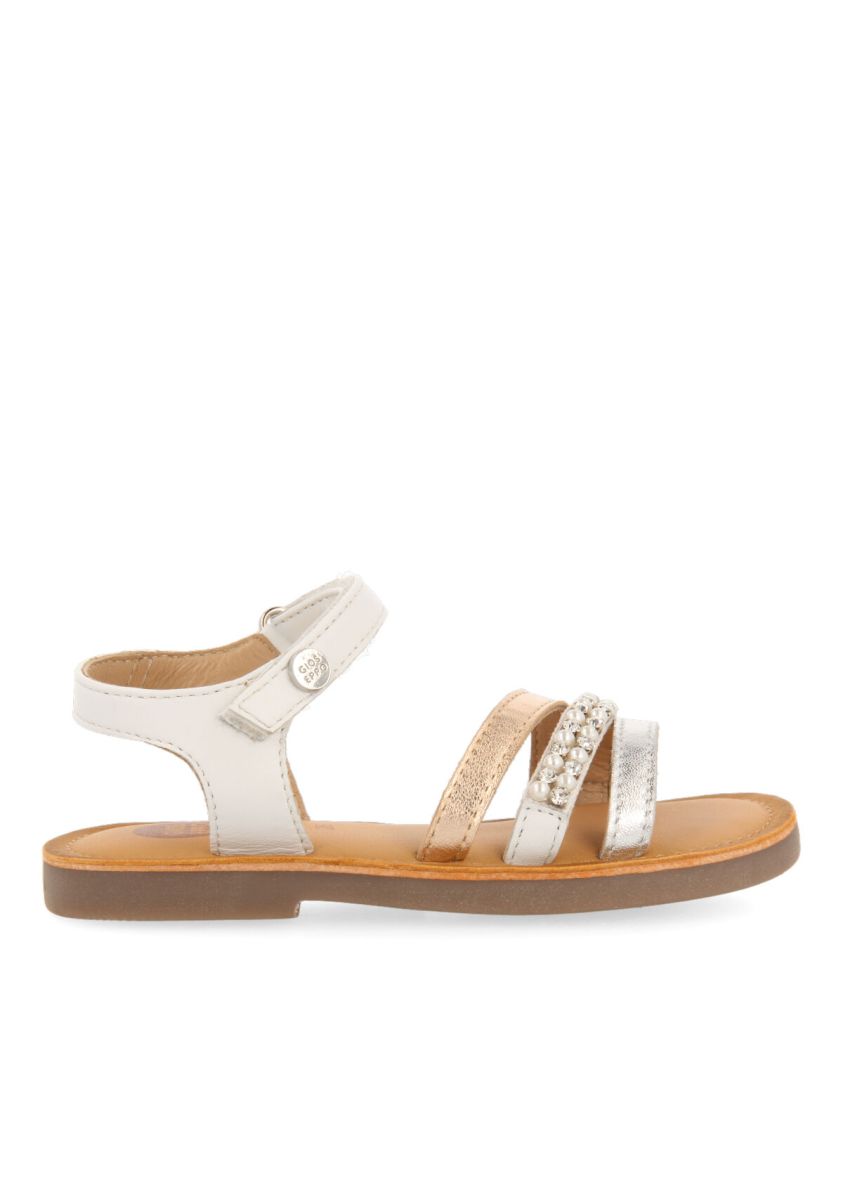 SANDALIAS BLANCAS DE PIEL CON TIRAS METALIZADAS Y ADORNO DE PERLAS Y CRISTALES PARA NIÃA GLINA - BLANCO