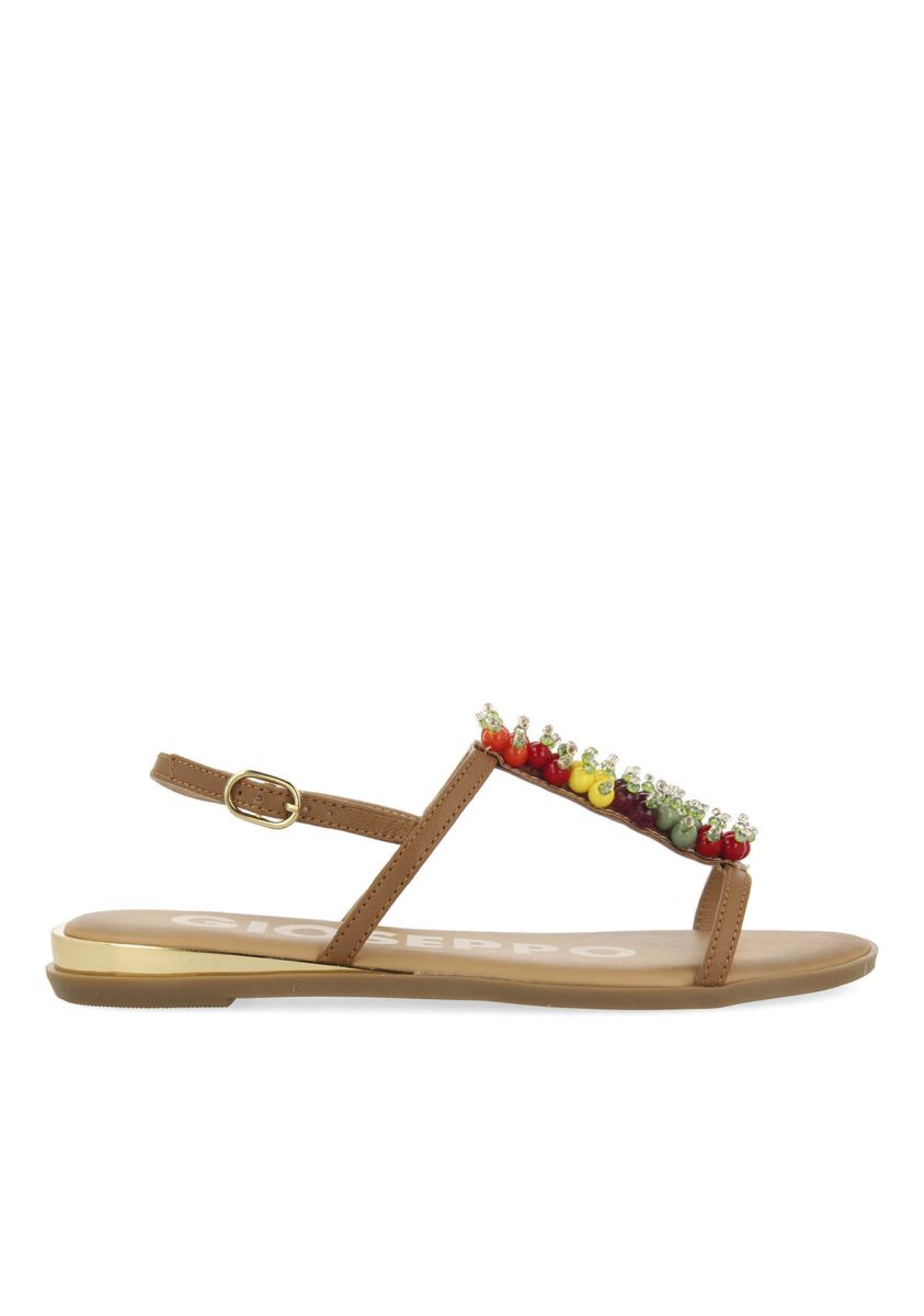 SANDALIAS COLOR CUEROCON ADORNOS MULTICOLOR Y LIGERA CUÃA PARA MUJER PURISCAL  - CUERO