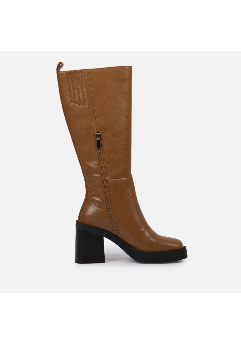 Bota color cuero alta lisa de punta cuadrada con plataforma gruesa y tacÃ³n ancho para mujer goeblange - CUERO