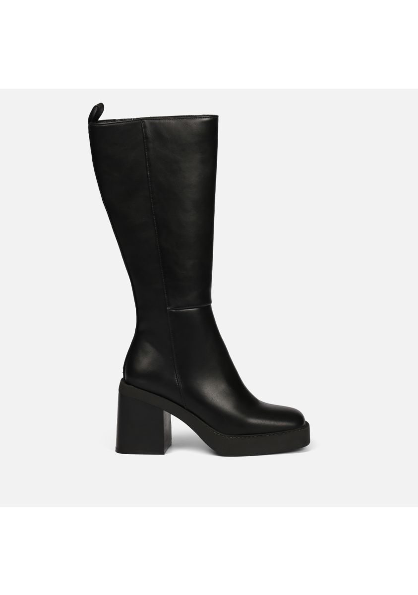 Bota negra alta lisa de punta cuadrada con plataforma gruesa y tacÃ³n ancho para mujer goeblange - NEGRO