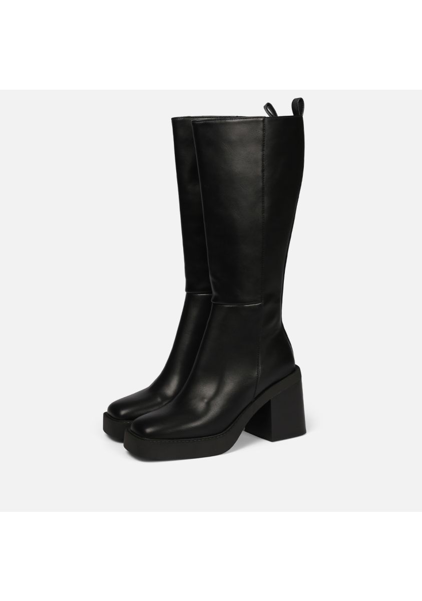 Bota negra alta lisa de punta cuadrada con plataforma gruesa y tacón ancho para mujer goeblange - NEGRO