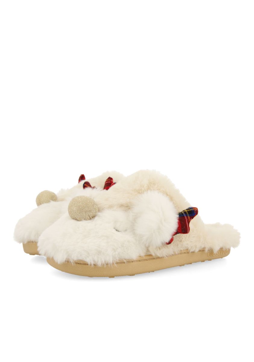 Zapatillas de estar por casa destalonadas off white con carita de reno para niÃ±a dauphin - OFF-WHITE