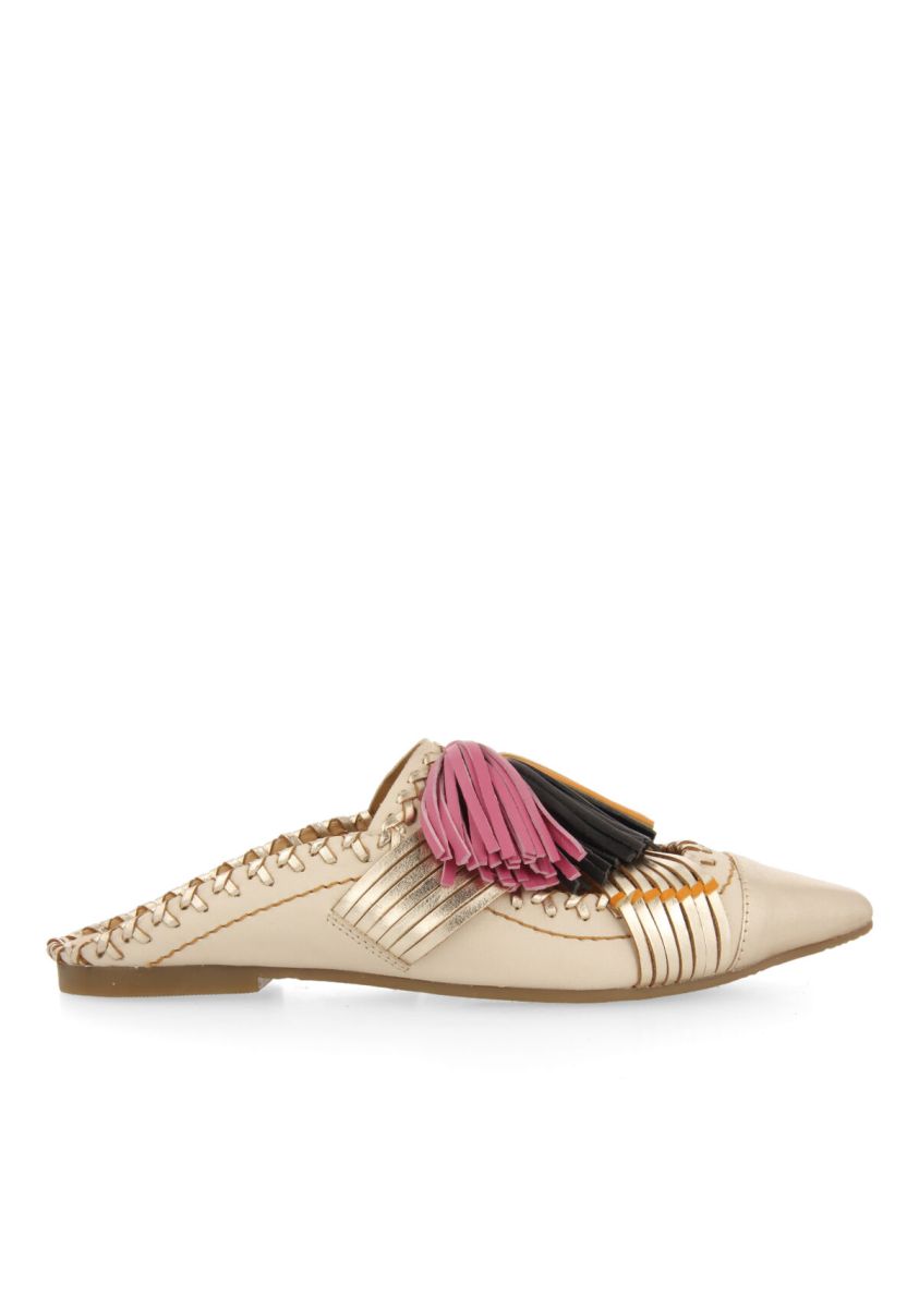 Babuchas de piel off-white con borlas para mujer papantla  - OFF-WHITE