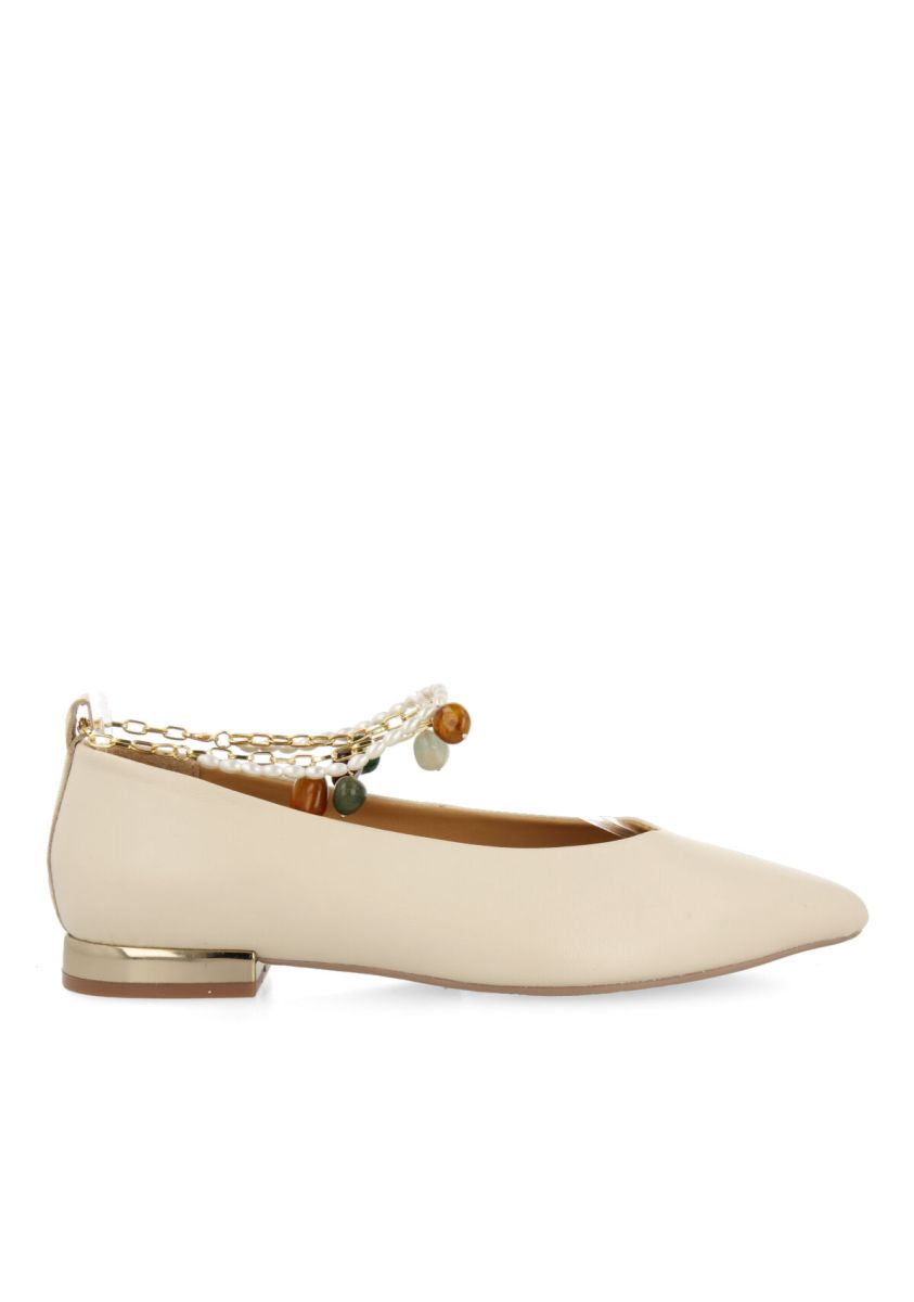 Bailarinas off-white de piel con pulsera al tobillo con perlas y cadena para mujer lezinnes - OFF-WHITE