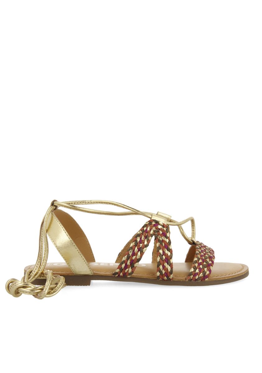 Sandalias planas de piel doradas trenzadas con cordones para mujer davao   - ORO