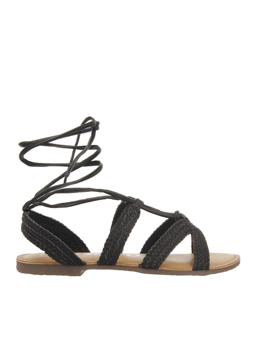 Sandalias planas de piel negras trenzadas con cordones para mujer darney  - NEGRO