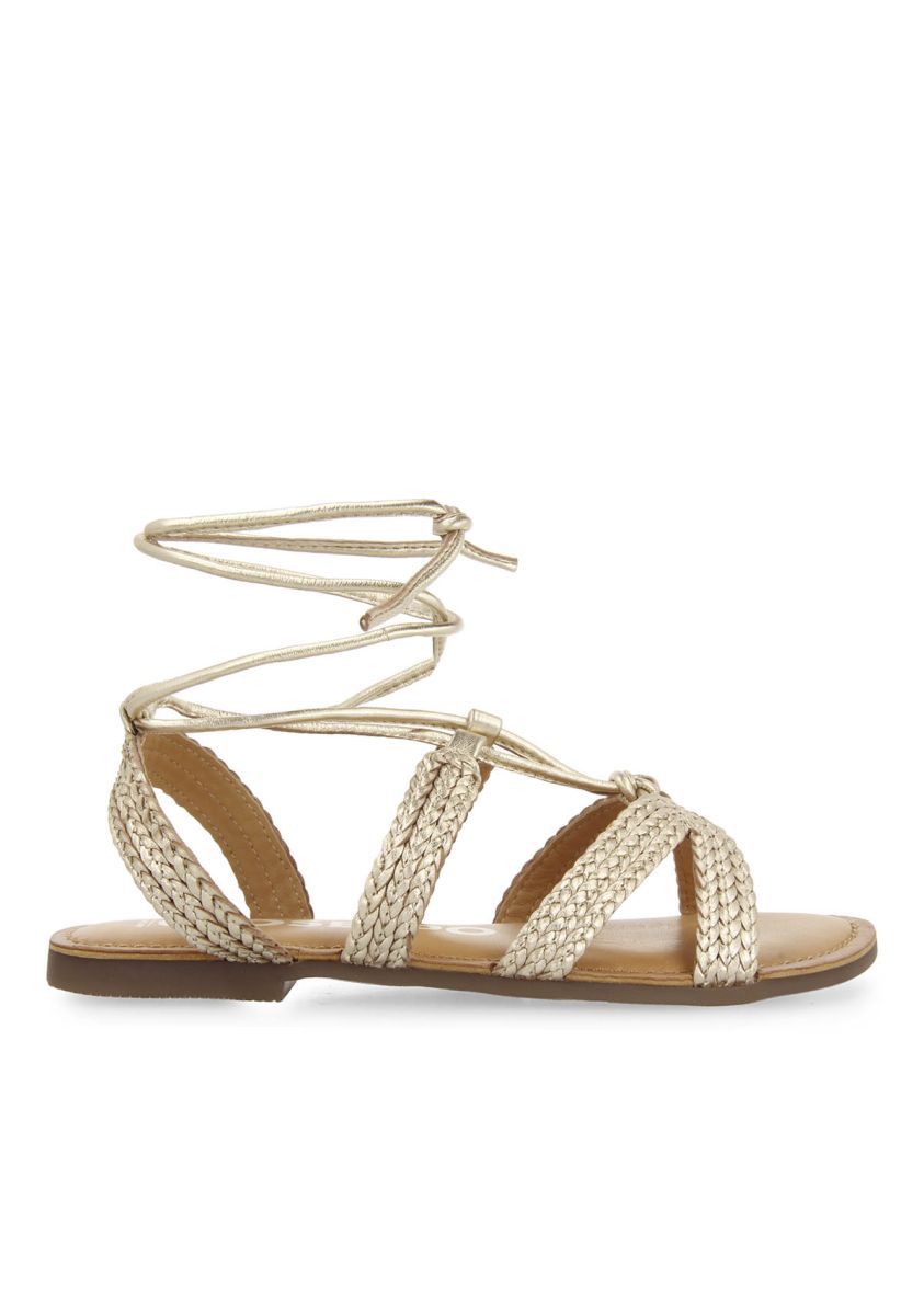 Sandalias planas de piel doradas trenzadas con cordones para mujer darney  - ORO