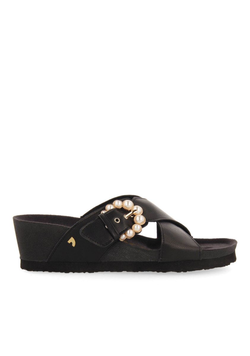 Chanclas de tiras tipo bio con cuÃ±a y hebilla con perlas para mujer vulaines - NEGRO