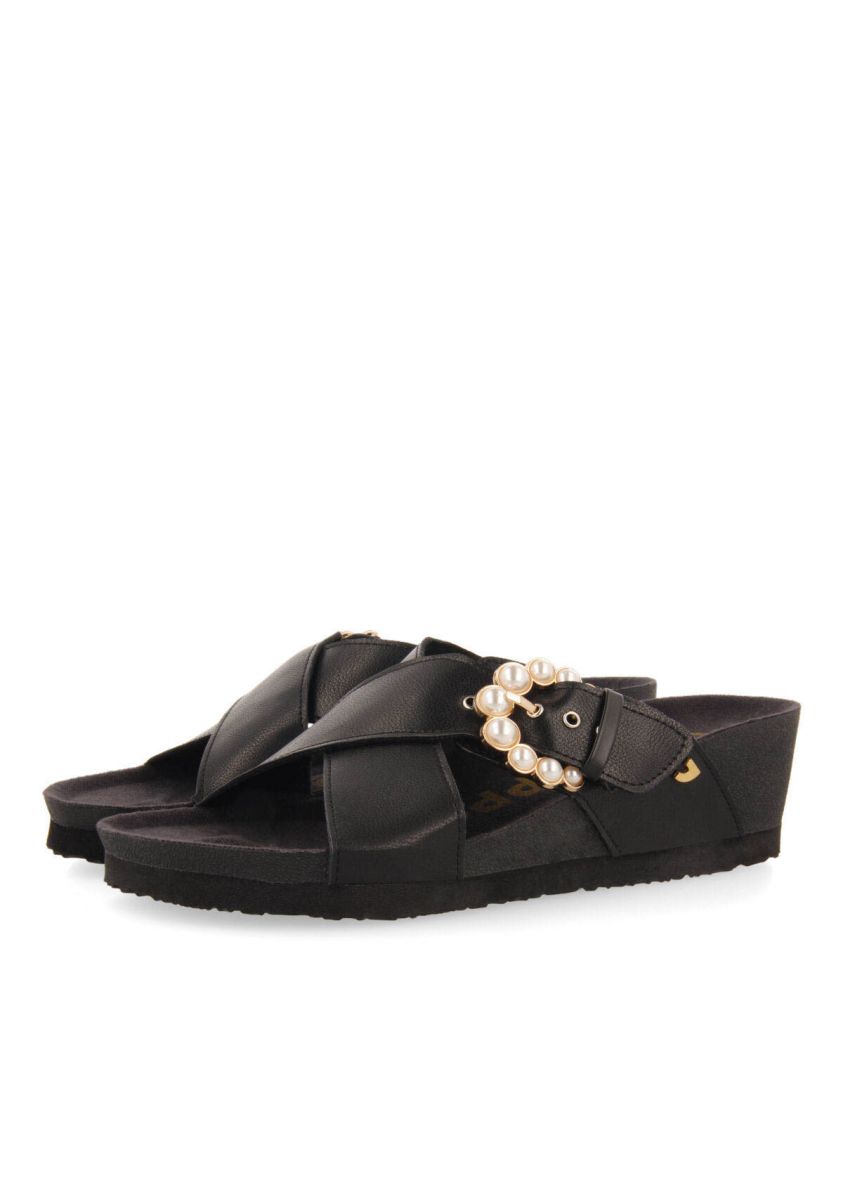 Chanclas de tiras tipo bio con cuÃ±a y hebilla con perlas para mujer vulaines - NEGRO