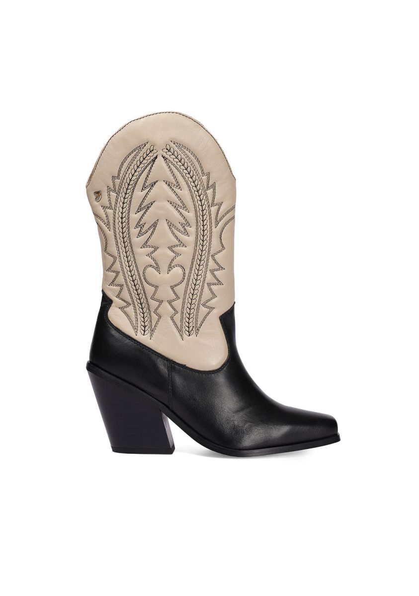 Bota tipo cowboy en piel negro y off-white con detalle de bordado para mujer herlev - OFF-WHITE