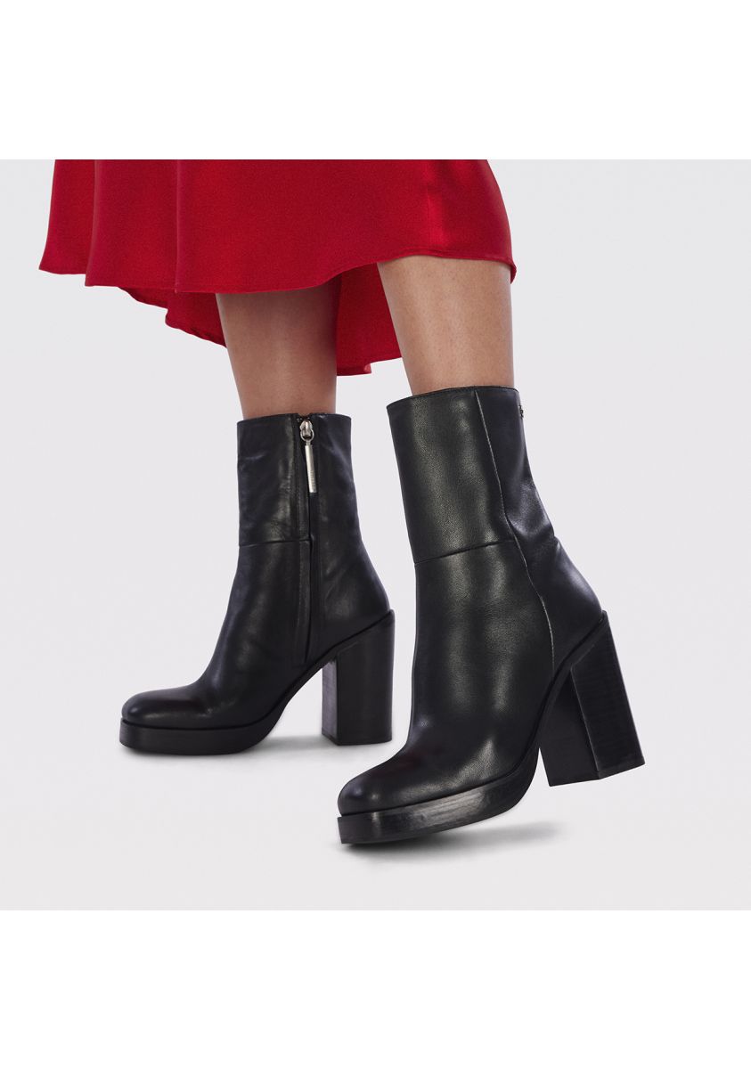 Bota media en piel color negro con tacón ancho y plataforma para mujer andoya - NEGRO
