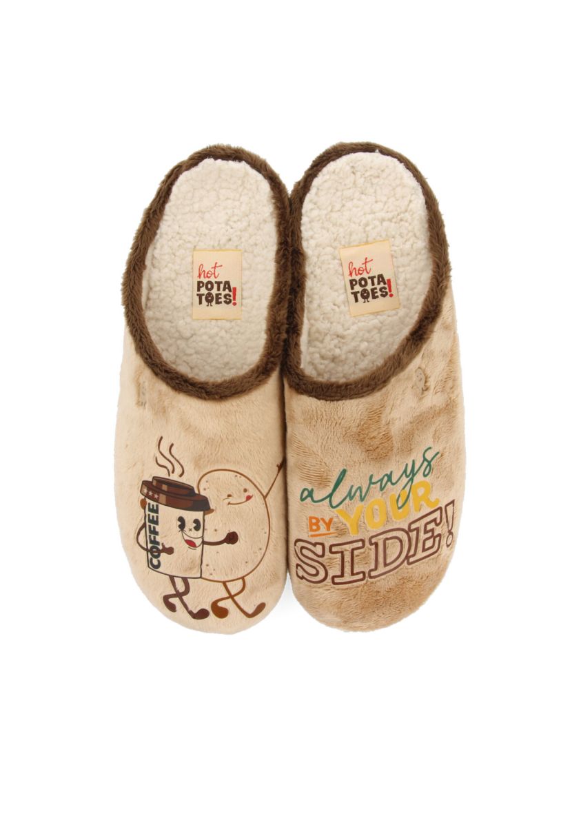 Zapatillas de estar por casa de pelo beige con patatilla con mensaje golspie  - BEIG