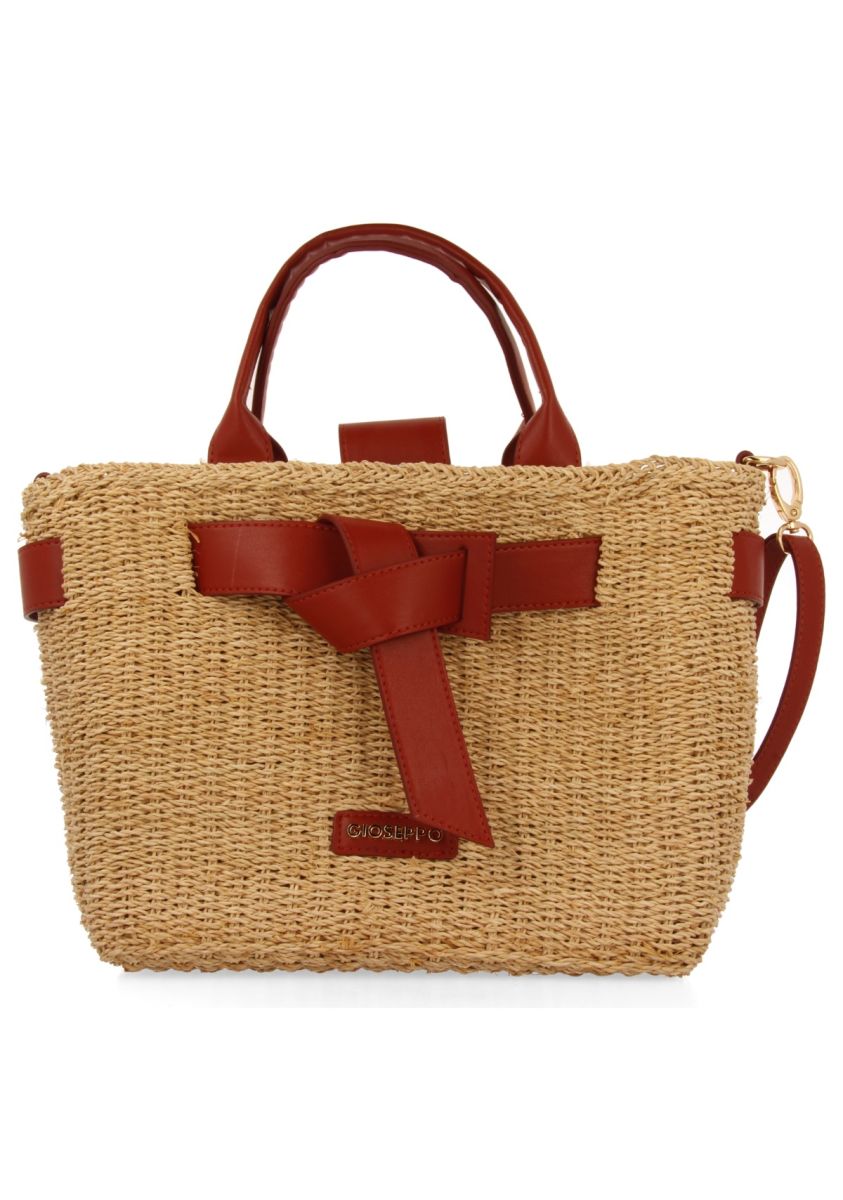 BOLSO BANDOLERA DE RAFIA CON LAZO Y DETALLES EN COLOR CUERO GREKAN - CUERO