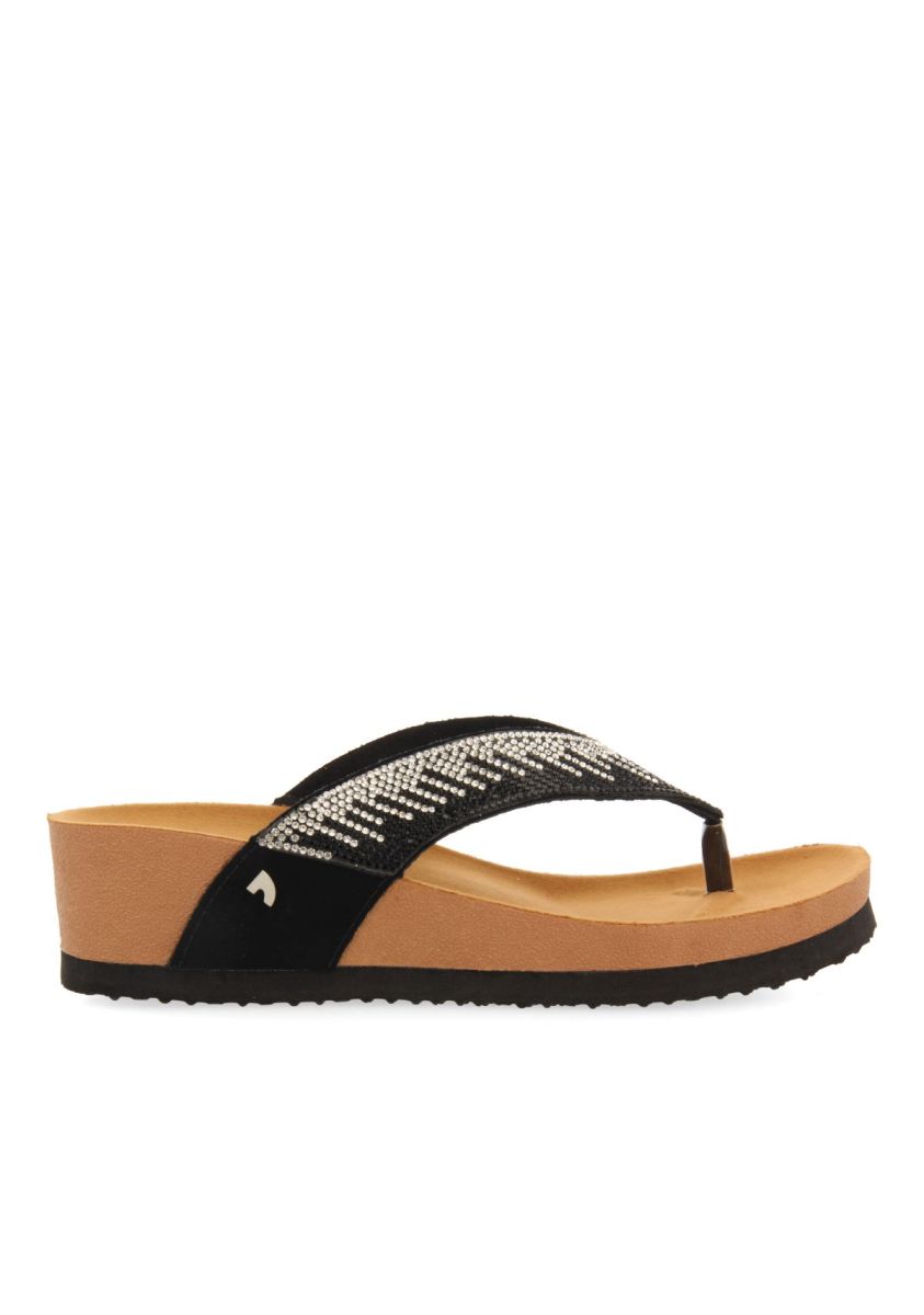 SANDALIAS NEGRAS CON CUÃA TIPO BIO Y PEDRERÃA PARA MUJER ISNELLO - NEGRO