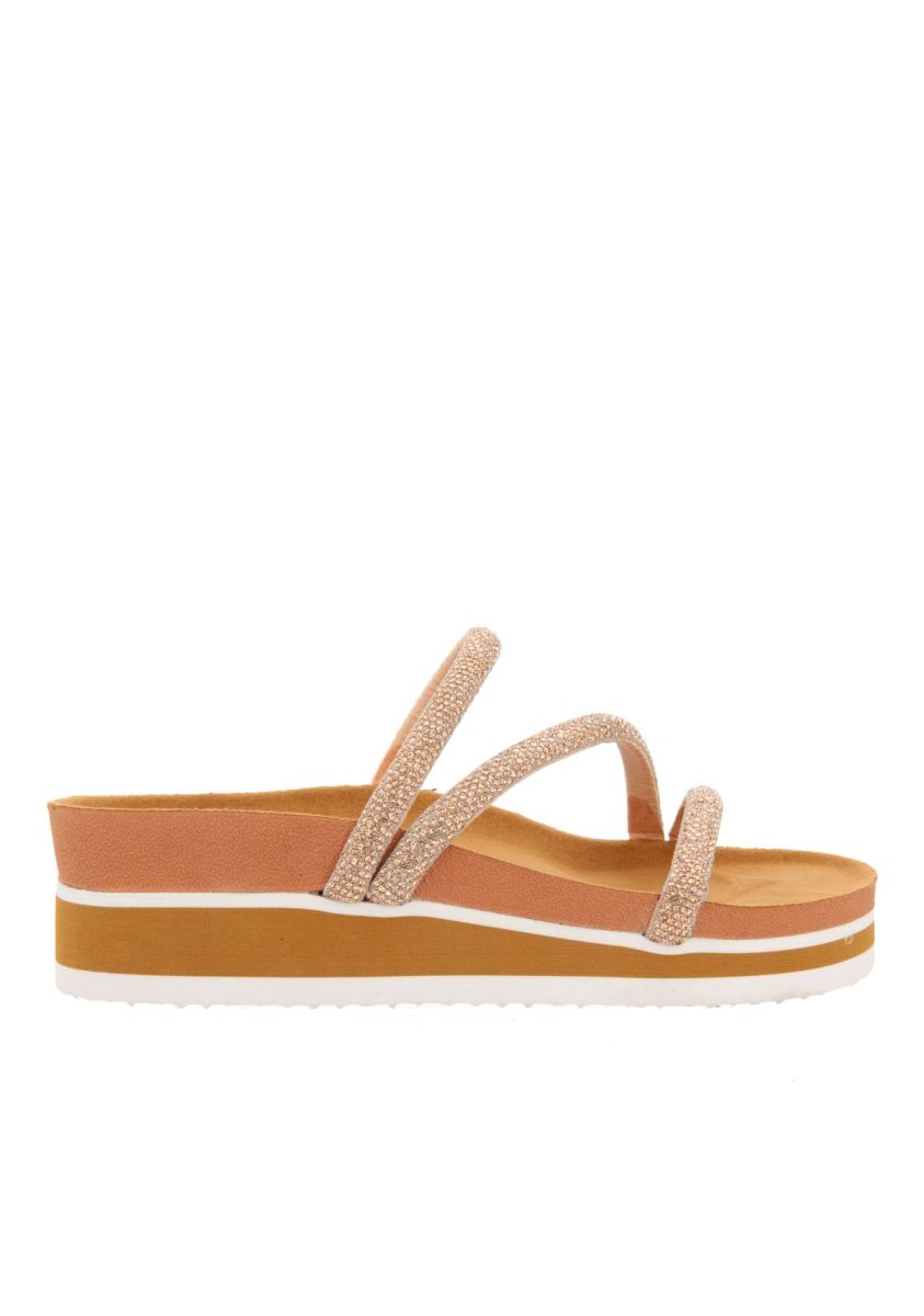 SANDALIAS CON CUÃA TIPO BIO Y TIRAS DE PEDRERÃA DORADA PARA MUJER BENCOVAC - ORO