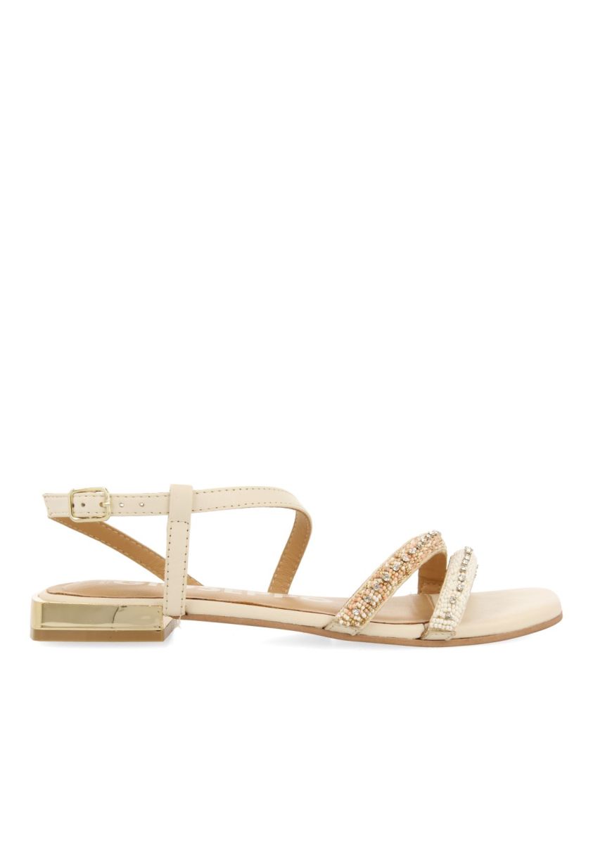 SANDALIAS OFF-WHITE DE PIEL CON PIEDRAS PARA MUJER LANDKEY - OFF-WHITE