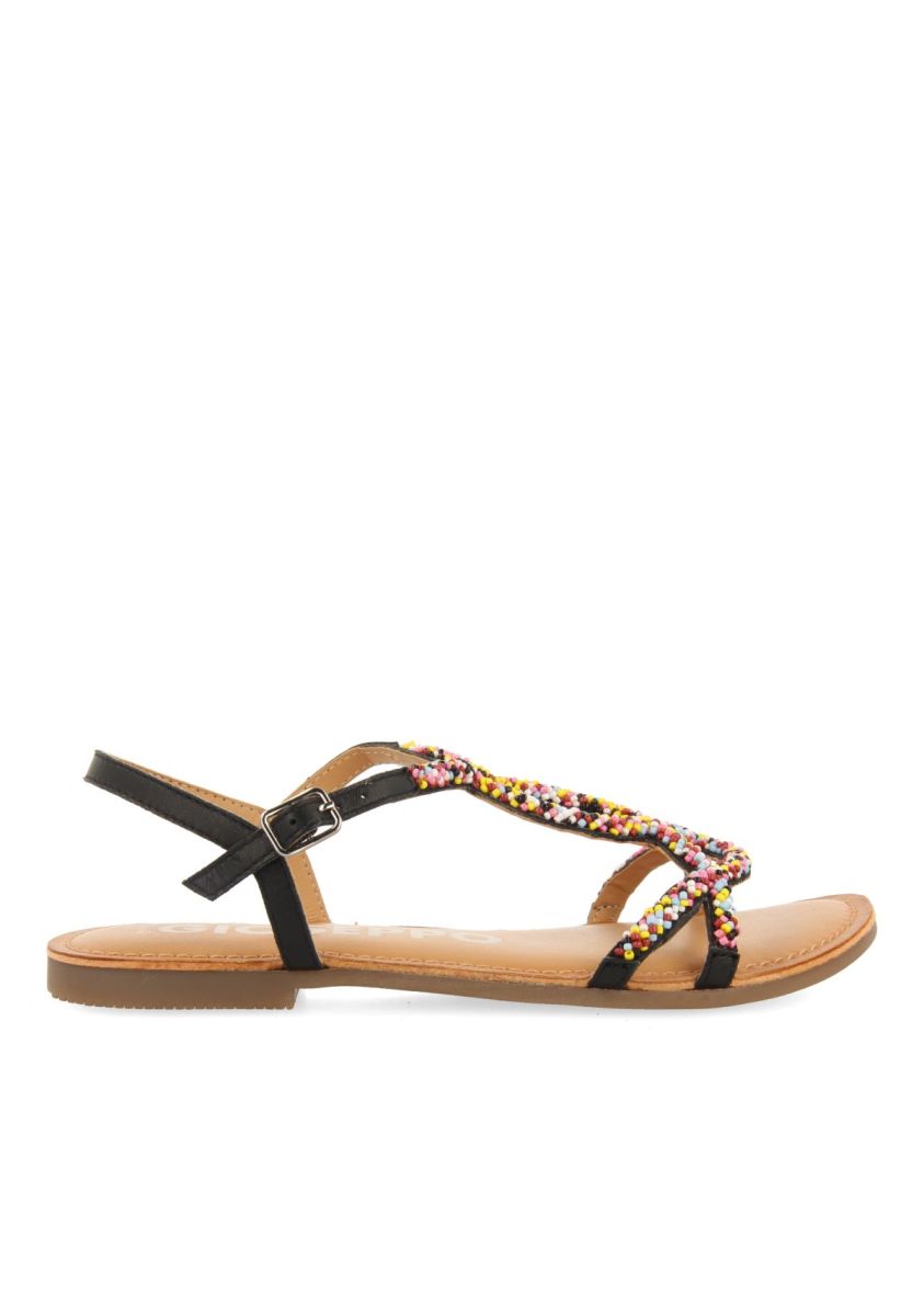 SANDALIAS NEGRAS DE PIEL CON PIEDRAS MULTICOLOR PARA MUJER LURE - NEGRO
