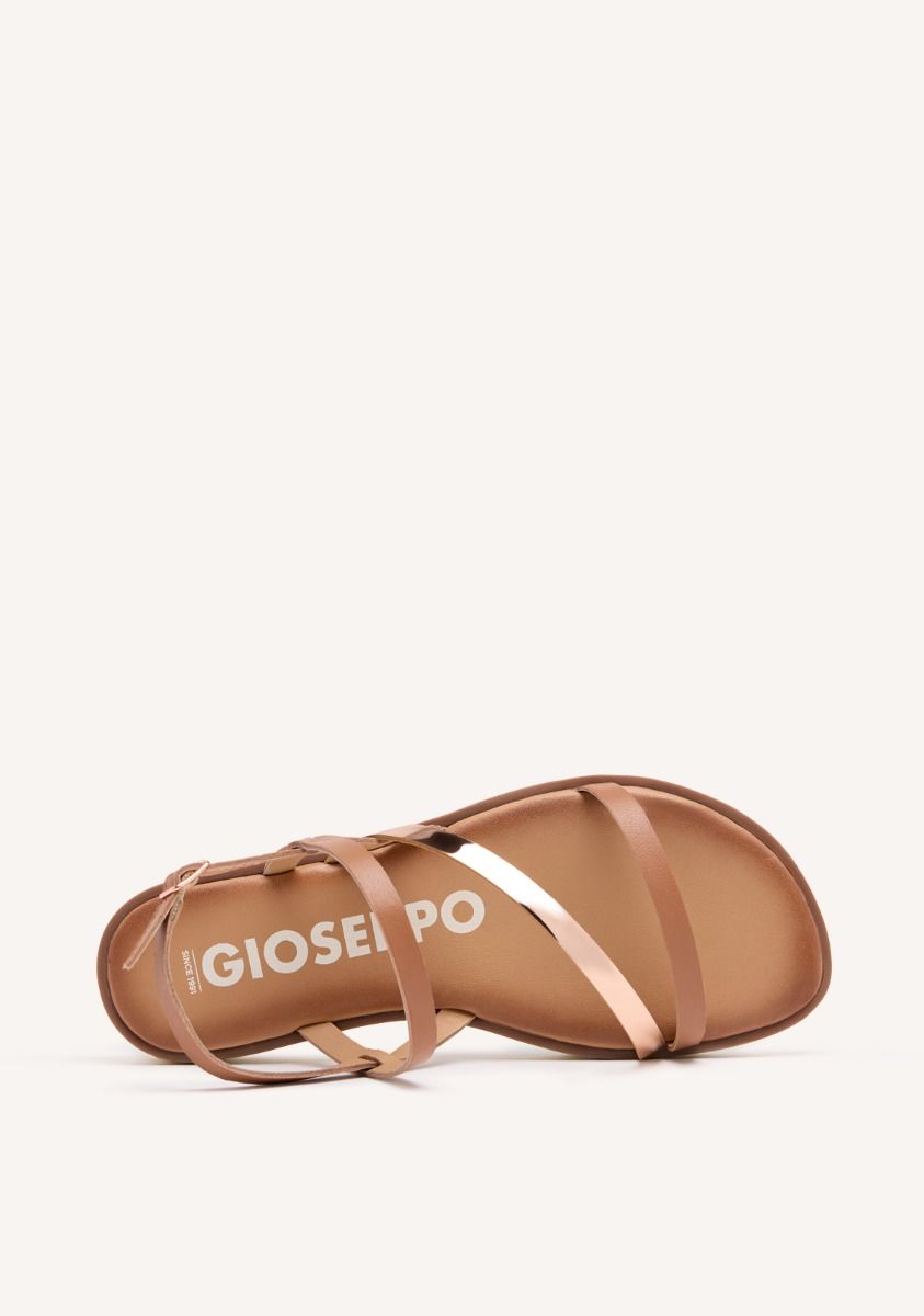 SANDALIAS DE PIEL CON TIRAS COLOR CUERO Y METALIZADO PARA MUJER CARBIS - CUERO