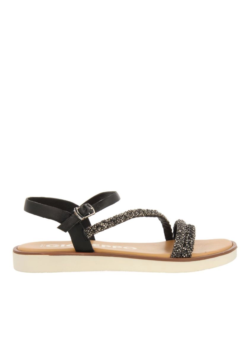 SANDALIAS NEGRAS DE PIEL CON TIRAS CON PEDRERÃA PARA MUJER WALLOWA - NEGRO