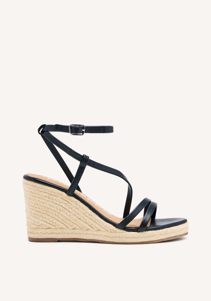 SANDALIAS NEGRAS DE PIEL CON TIRAS Y CUÃA ALTA DE YUTE PARA MUJER ORIKUM - NEGRO