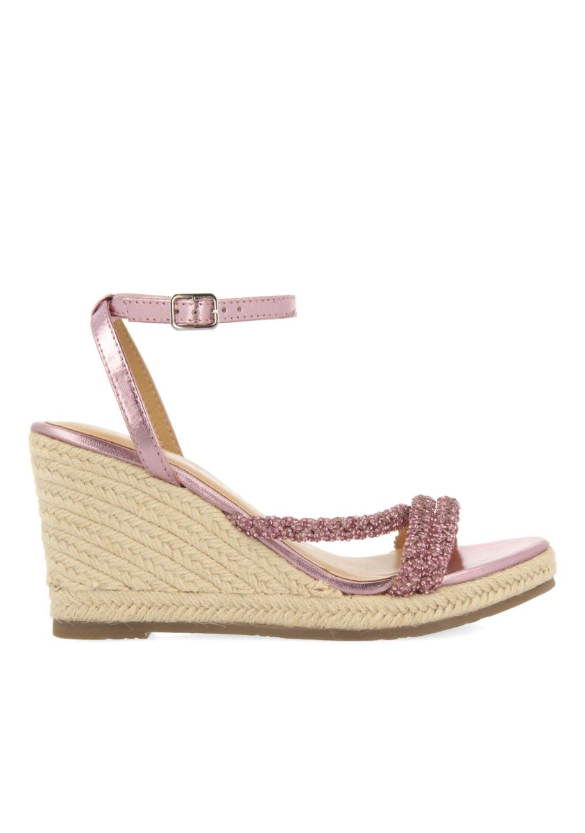 SANDALIAS DE PIEL COLOR FUCSIA CON TIRAS CON PEDRERÃA Y CUÃA ALTA DE YUTE PARA MUJER MENFI - FUXIA