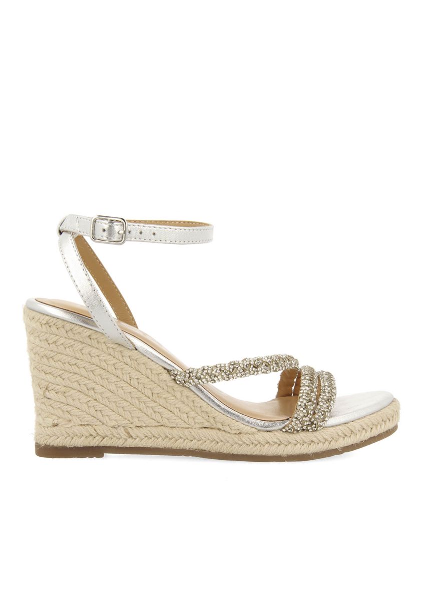 SANDALIAS DE PIEL COLOR PLATA CON TIRAS CON PEDRERÃA Y CUÃA ALTA DE YUTE PARA MUJER MENFI - PLATA