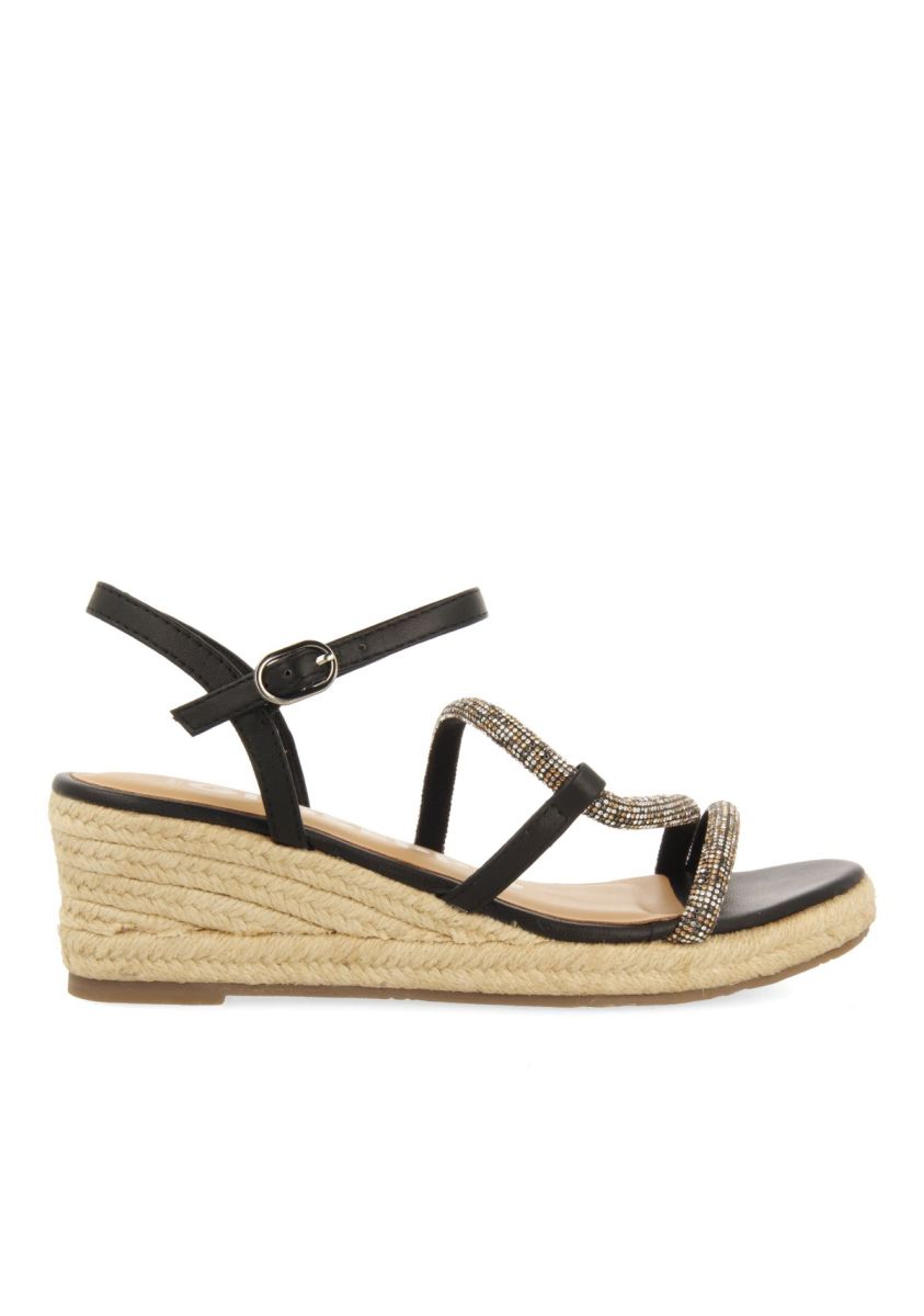 SANDALIAS NEGRAS CON TIRAS CON CRISTALES MULTICOLOR Y CUÃA DE YUTE PARA MUJER CATANIA - NEGRO