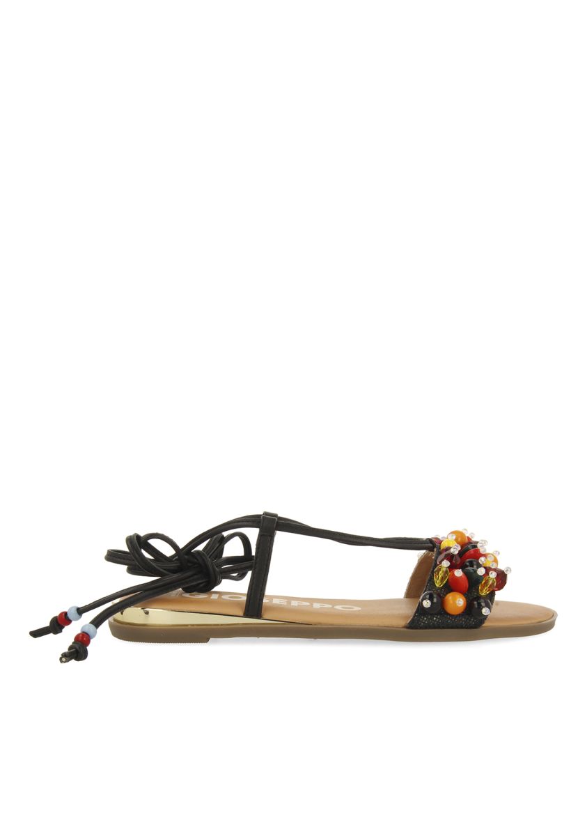 SANDALIAS NEGRAS DE PIEL CON ADORNOS MULTICOLOR Y TIRAS PARA MUJER KLOS - NEGRO