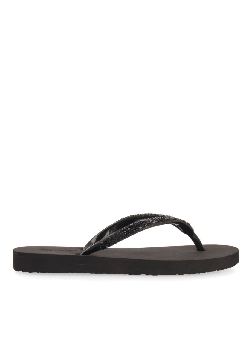 CHANCLAS NEGRAS CON ADORNO DE CRISTALES PARA MUJER BELVUE - NEGRO