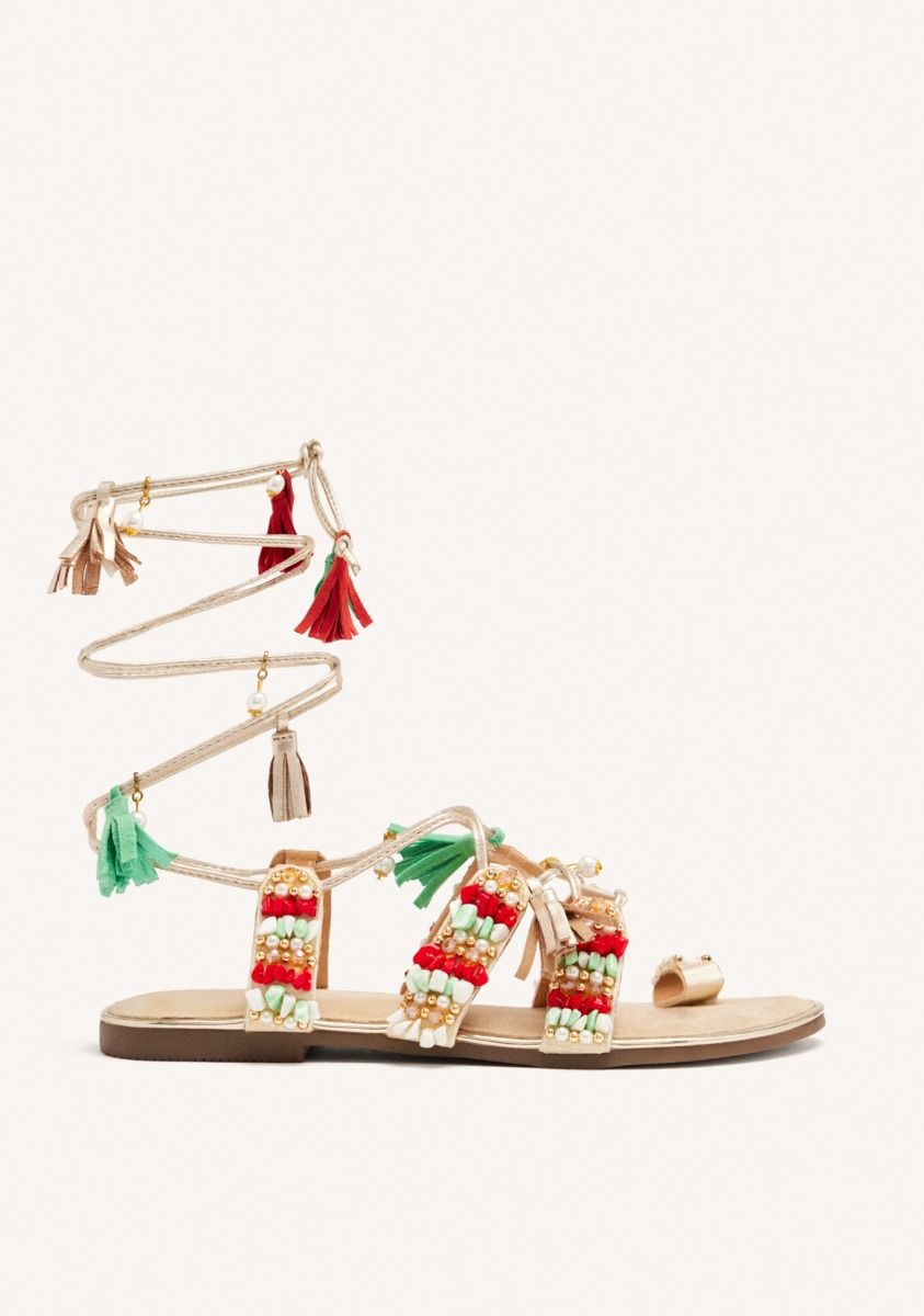 SANDALIAS PIEL FLECOS Y ABALORIOS NUBO - ROJO