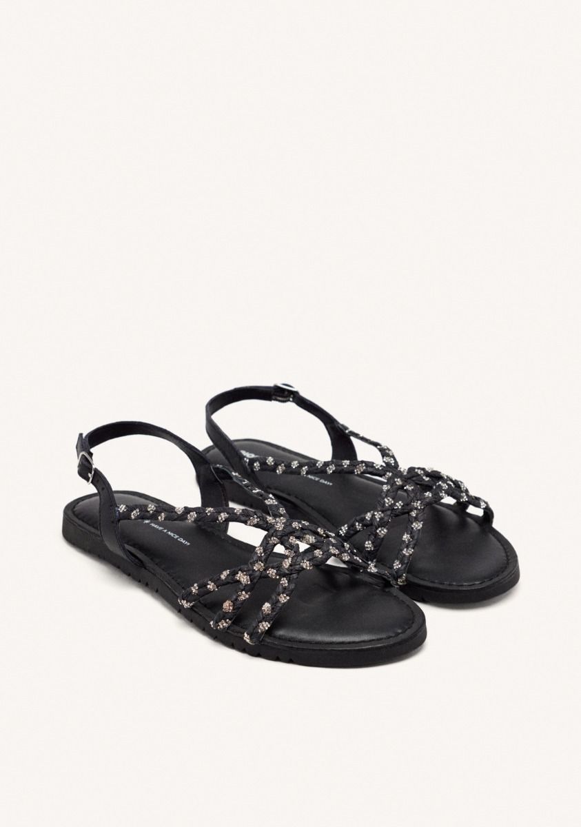SANDALIAS PIEL, RAFIA Y BRILLO WIOTA - NEGRO